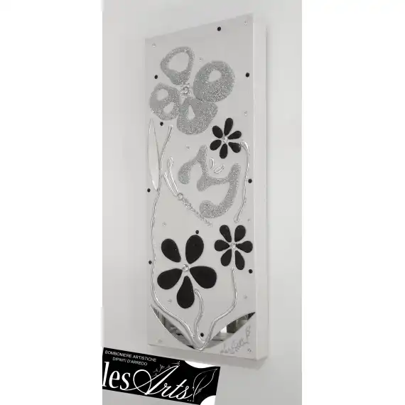 Dipinto d'arredo 20x50 fiori argento/nero 2